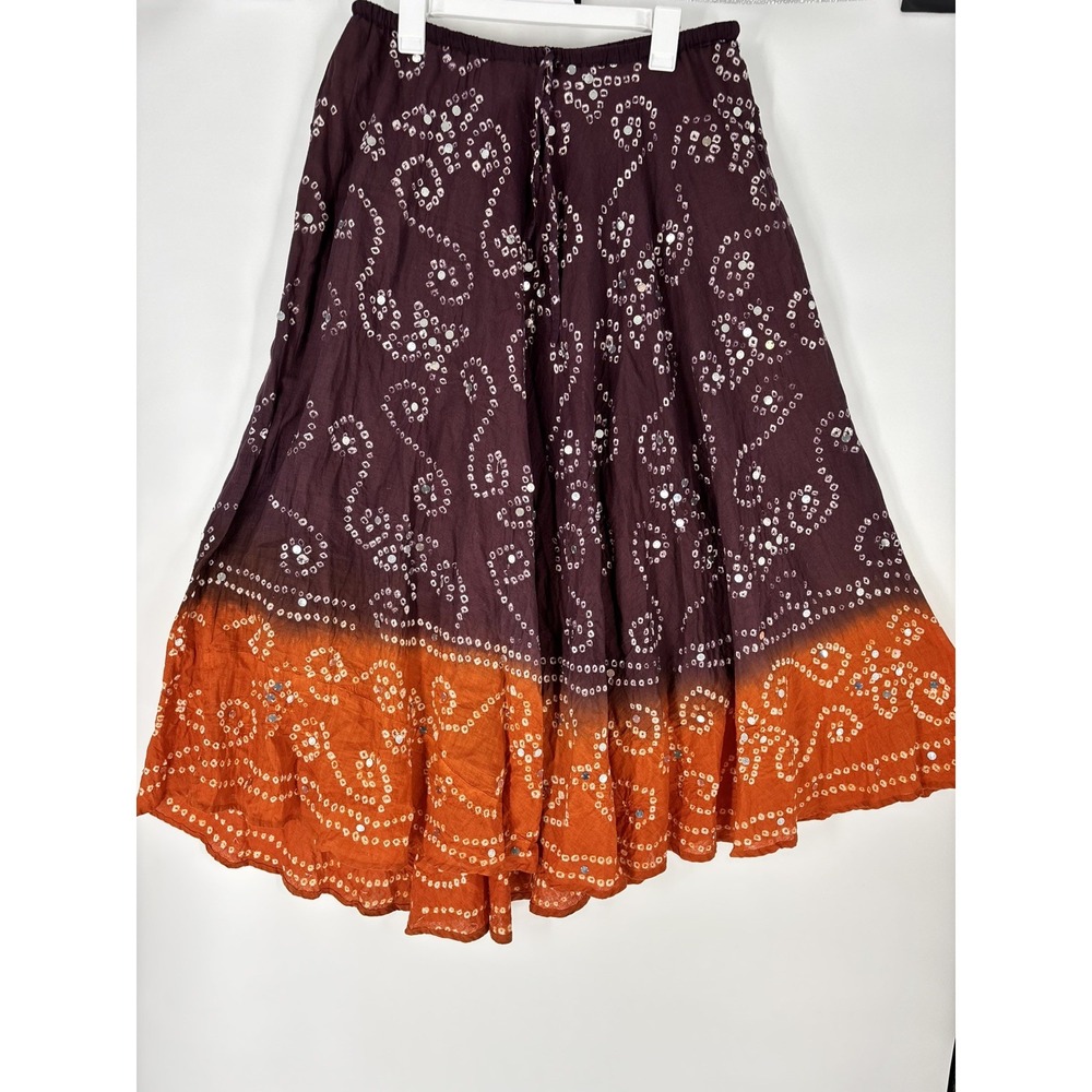Vintage Y2K Womens Boho Hippie Maxi Skirt Size Size M Crinkle Bandhani Sequins